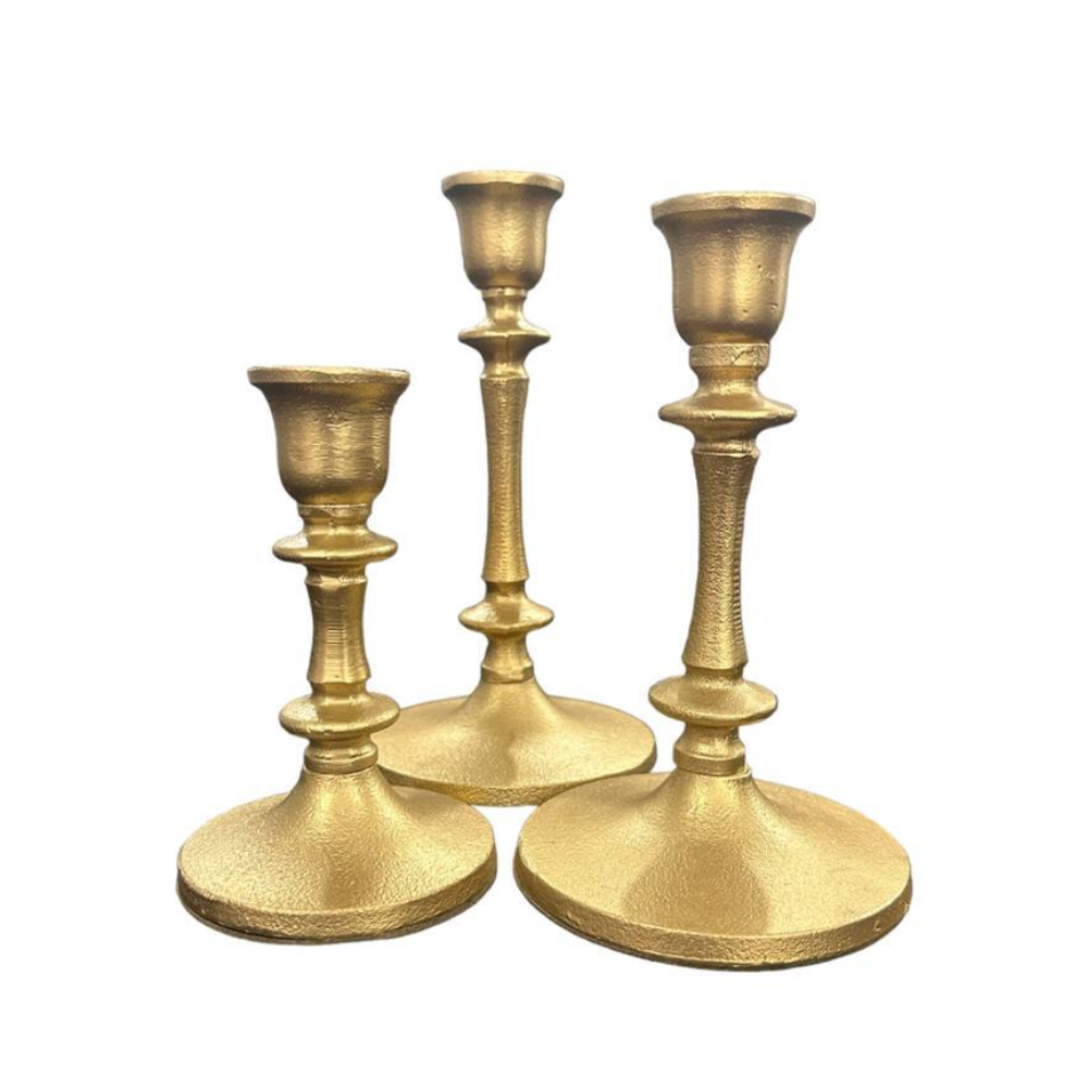 Antique Brass Candle Holder Set of 3, ideal for events, featuring varying heights for a rustic elegance—perfect for weddings or special occasions.