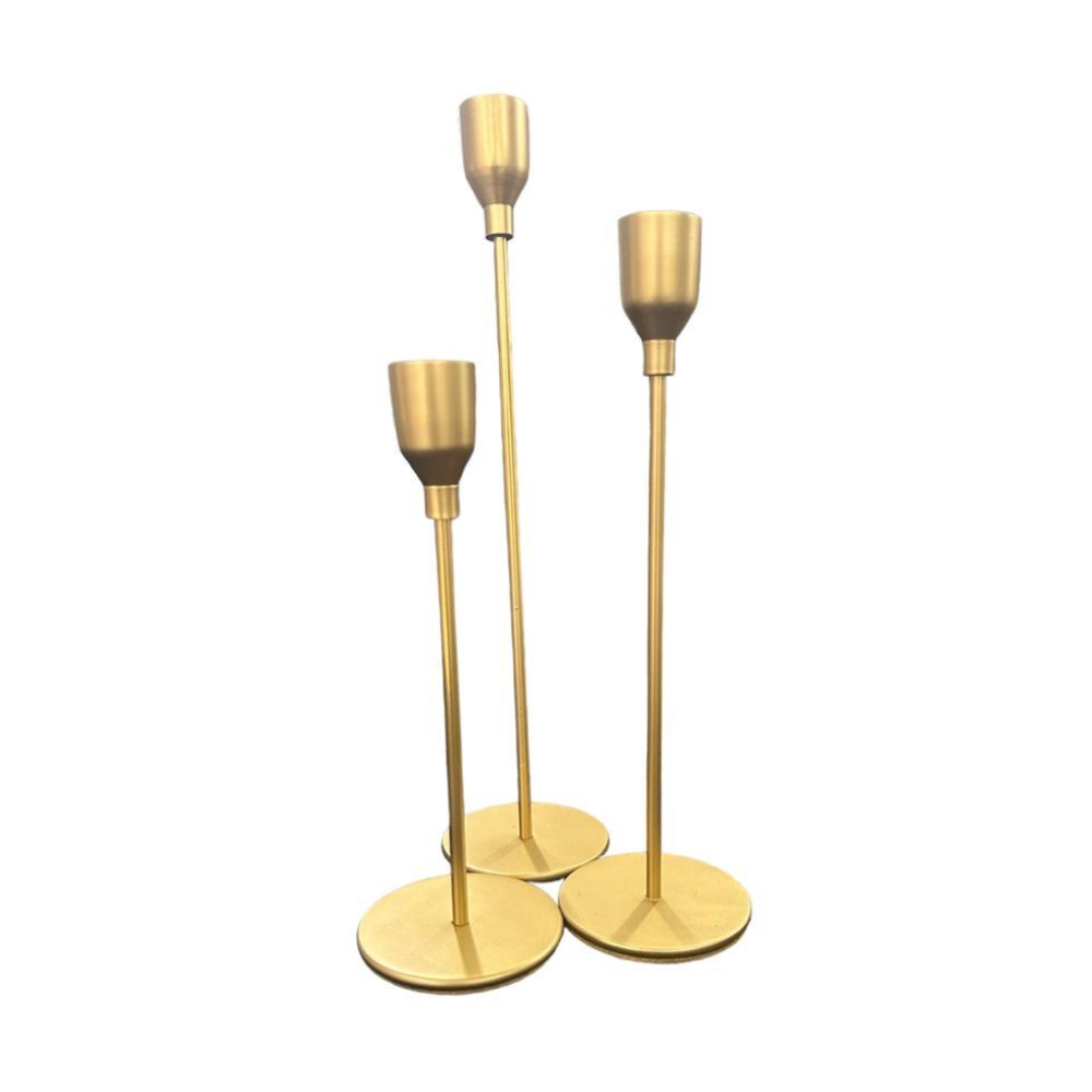 Gold Slim Candle Holder Set of 3, elegantly designed for events, ideal for enhancing rustic or premium party decor.