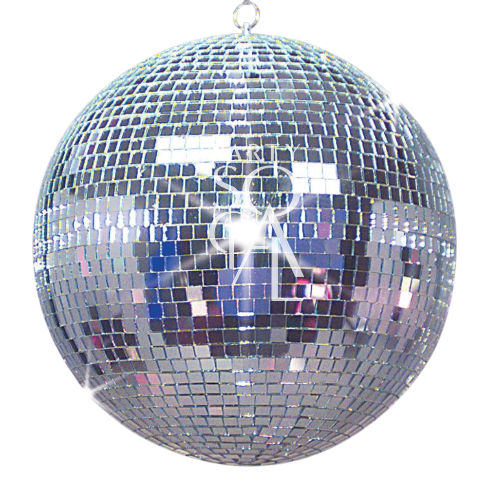 Silver disco ball featuring a logo, perfect for adding unique style to events. Available in various sizes at Party Social.