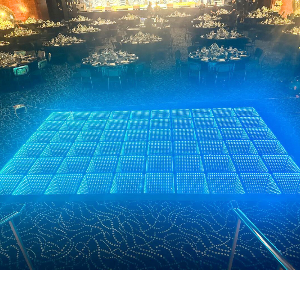 Dance Floor with changeable blue lights, ideal for events. Remote-controlled lighting options enhance any party atmosphere.