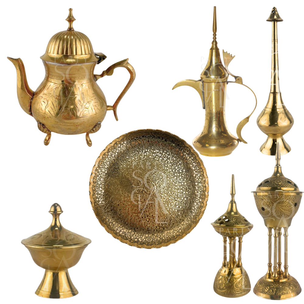 Arabic Table Accessories featuring a gold teapot, brass candle holder, and decorative bowl, perfect for enhancing an authentic Arabic ambiance at events.