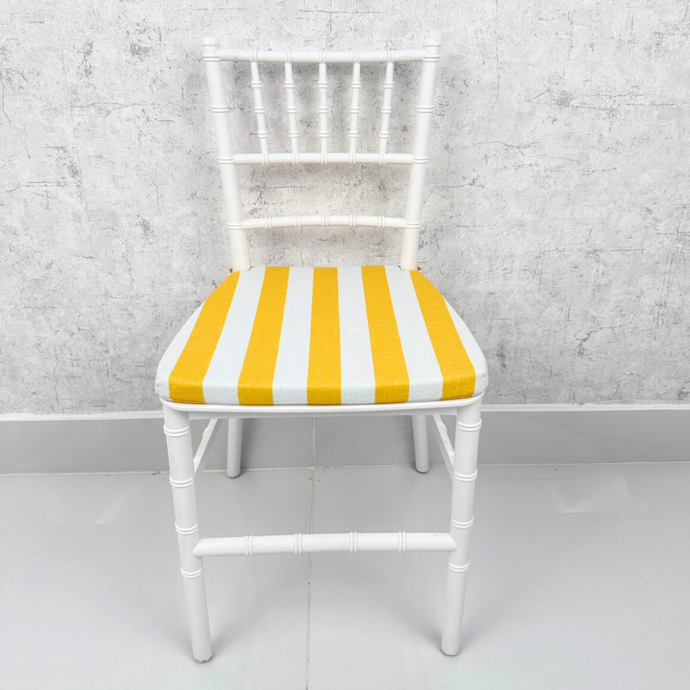 Mini Chiavari Chair with yellow striped cushion, perfect for kids&