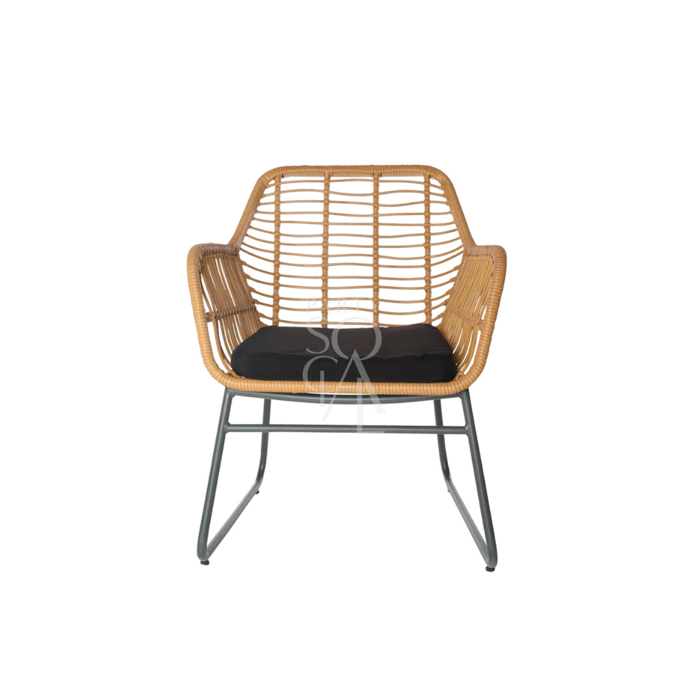 RATTAN SINGLE SEATER: A rattan garden lounge chair featuring a black cushion, ideal for outdoor relaxation with a weatherproof poly rattan and steel frame.
