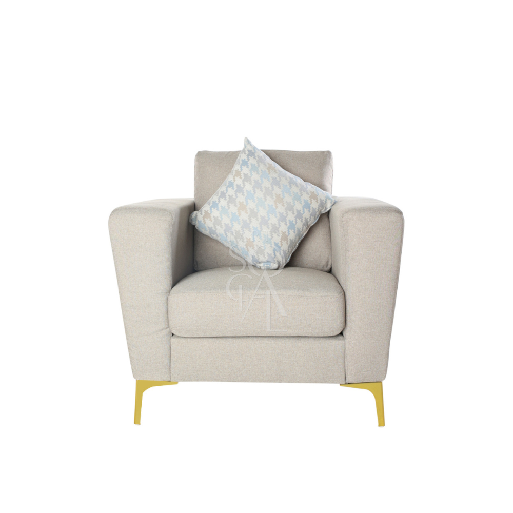 SAND FABRIC SOFA SINGLE SEATER with a pillow, modern design, suitable for lounge seating, ideal for events and gatherings.
