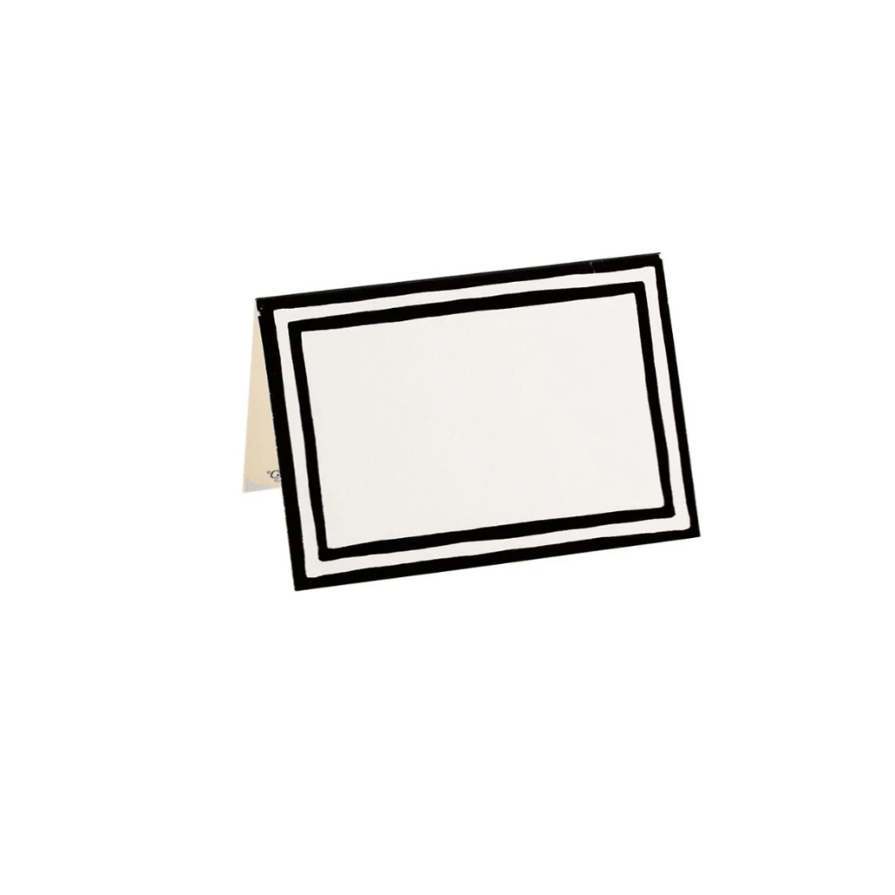 A black and white rectangle place card with a stylish border design, perfect for elegant table settings. Enhance your event with Border Stripe Place Cards in Black Foil - 8 Per Package from Party Social.