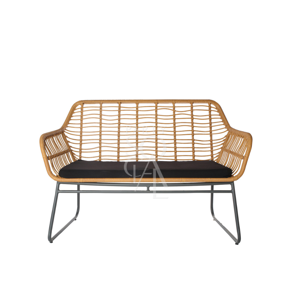 RATTAN 2-SEATER wicker bench with black cushion, ideal for outdoor chill-out areas, featuring weatherproof poly rattan and a sturdy steel frame.