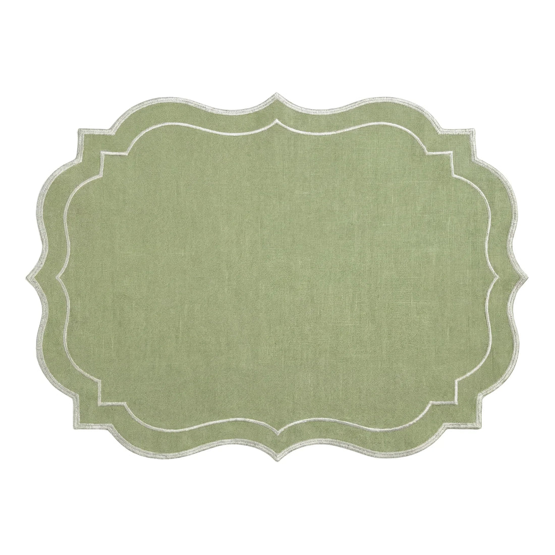 Scalloped Linen Placemats in a set of 4, featuring a vintage-inspired, textured green design with ornamental edges, ideal for elegant table setups.