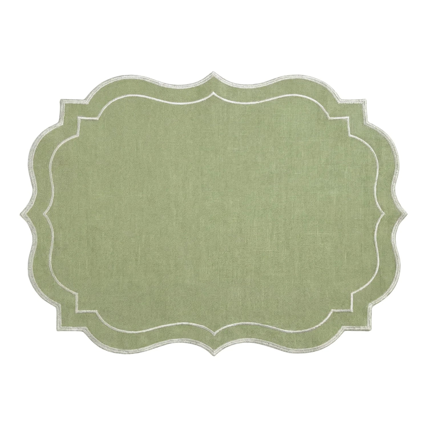 Scalloped Linen Placemats in a set of 4, featuring a vintage-inspired, textured green design with ornamental edges, ideal for elegant table setups.