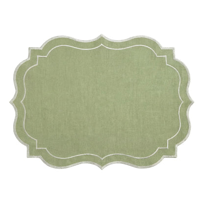 Scalloped Linen Placemats in a set of 4, featuring a vintage-inspired, textured green design with ornamental edges, ideal for elegant table setups.