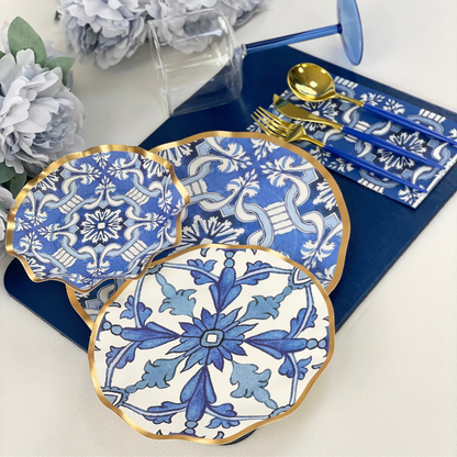 Moroccan Nights Paper Appetizer &amp; Dessert Bowls - Set of 8, featuring a metallic gold ruffled edge design on blue &amp; white plates with a Moroccan tile pattern. Ideal for adding elegance to events.