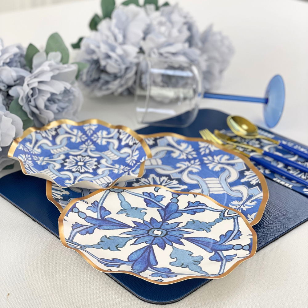 Moroccan Nights Paper Appetizer &amp; Dessert Bowl - 8 Per Package, featuring metallic gold ruffled edges and a Moroccan tile-inspired pattern. Elevate your event with elegance and style.