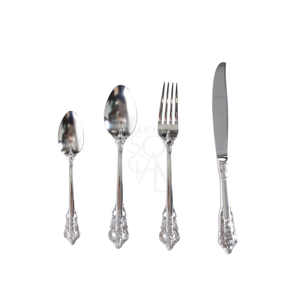 CUTLERY VINTAGE SILVER (SET OF 4 PIECE) features a striking vintage silver fork, knife, and spoon, perfect for elevating your dinner party table setting.