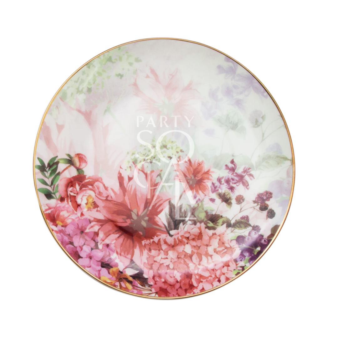 Pink Peonies Plates with floral design on porcelain, ideal for elegant events. Available in dinner, dessert, and B&amp;B sizes. Perfect for enhancing any table setting.