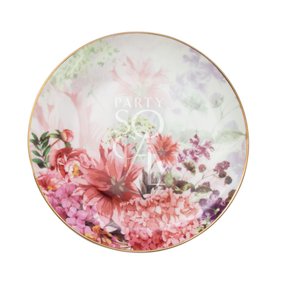 Pink Peonies Plates with floral design on porcelain, ideal for elegant events. Available in dinner, dessert, and B&amp;B sizes. Perfect for enhancing any table setting.