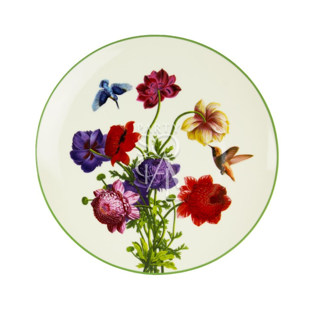 Vintage Floral Plates featuring intricate flower and bird designs, ideal for elegant dining settings. Available in various sizes for versatile event use.