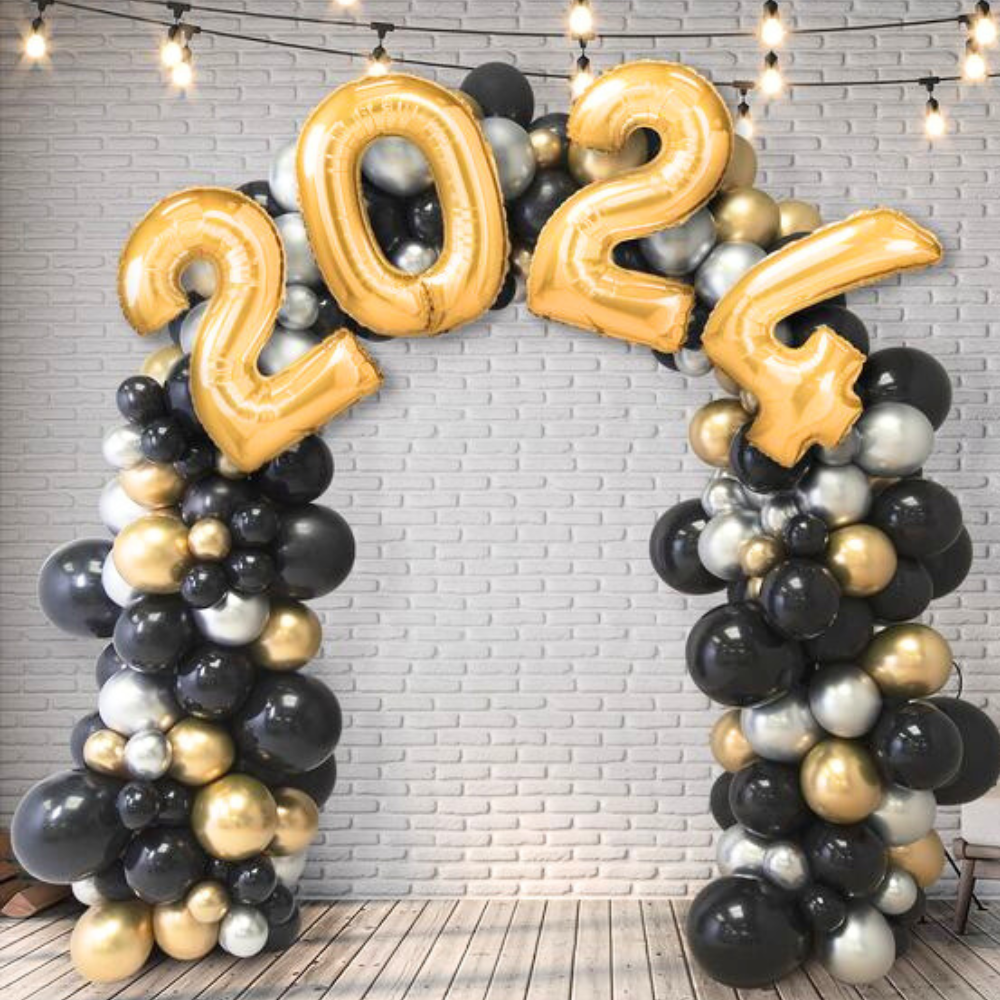 Glam Balloon Arch featuring black and gold balloons, ideal for events like birthdays or baby showers, customizable for any occasion.