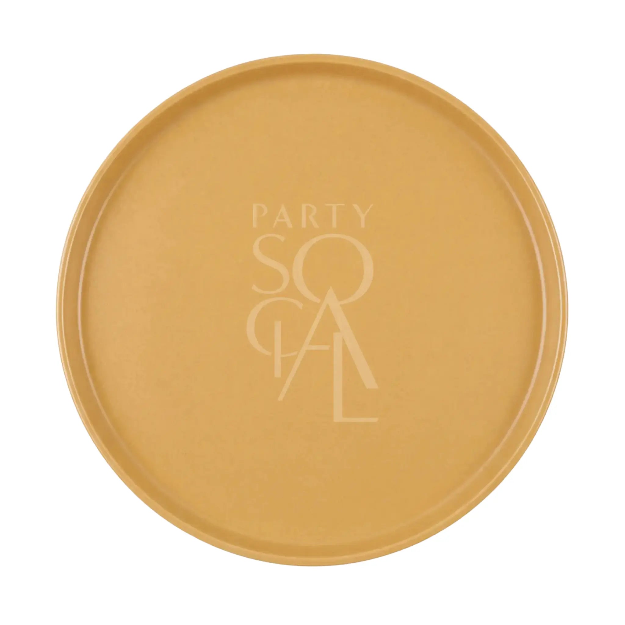 Mustard Ceramic Matte Plates with PARTY SOCIAL lettering, ideal for modern dining, offering a warm, natural aesthetic for events and gatherings.