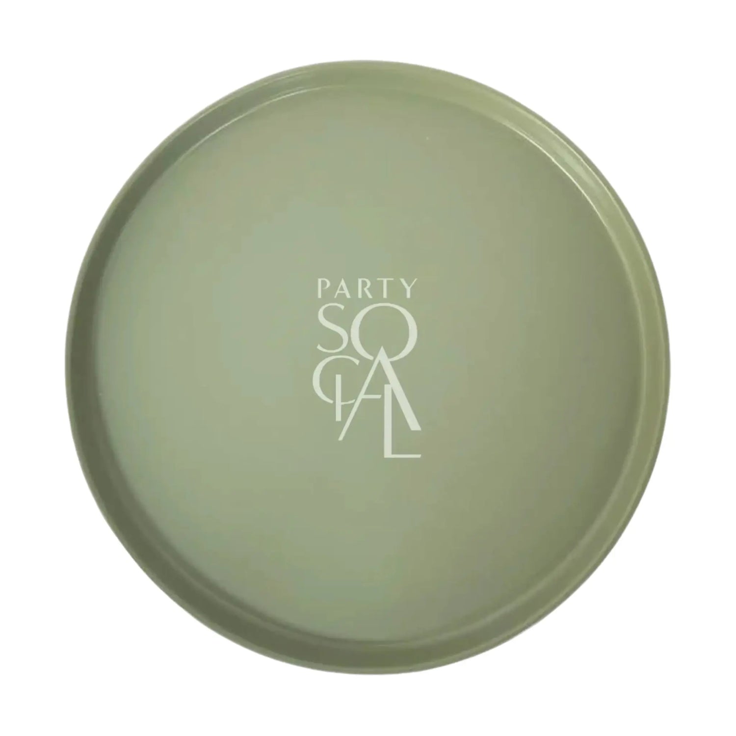 CERAMIC CHARGER PLATES - SAGE: A 31cm olive-green serving tray with PARTY SOCIAL in white, perfect for enhancing elegant table settings at events.
