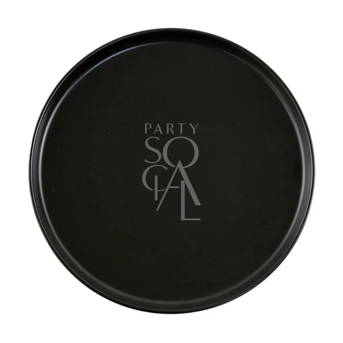 Round black ceramic charger plate with PARTY SO CAL text, 31cm diameter, ideal for elegant event settings.
