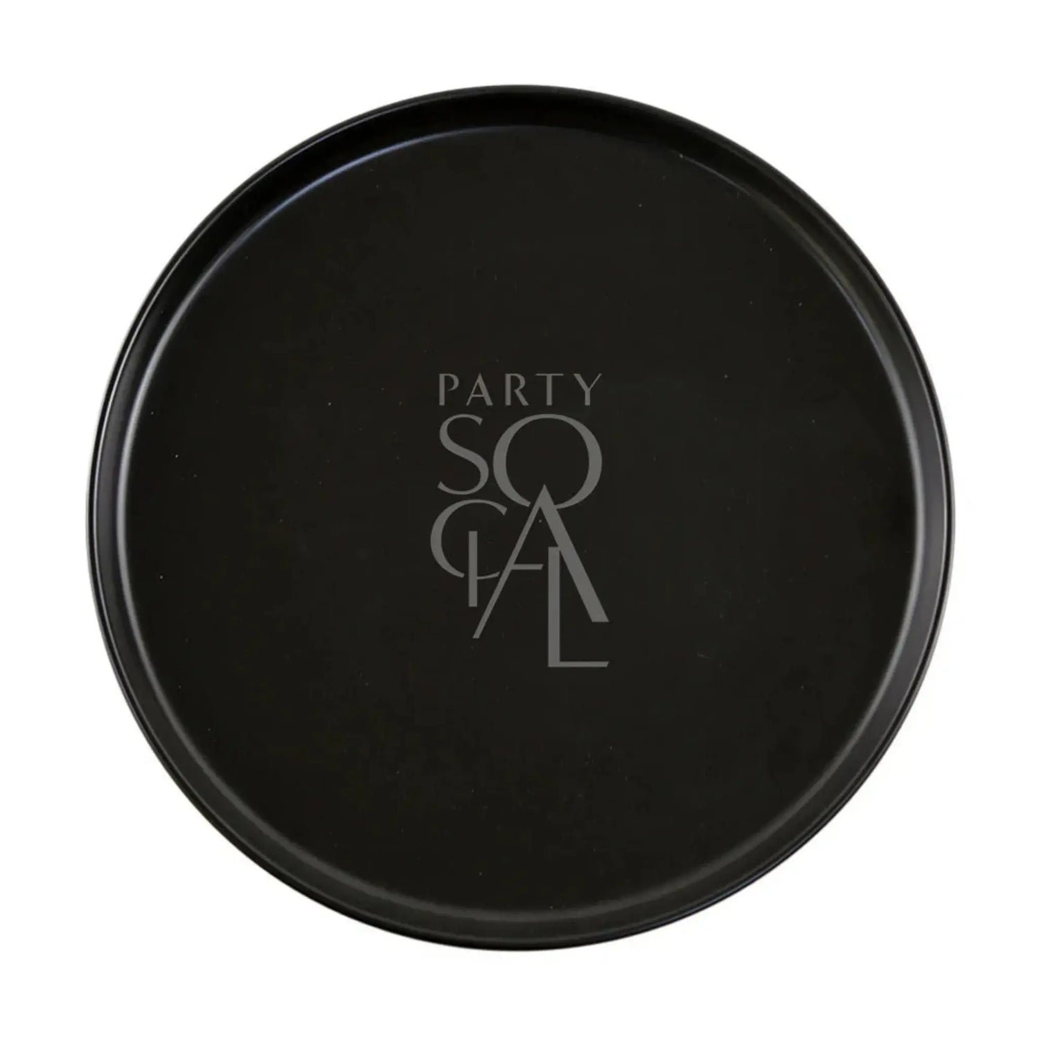 Round black ceramic charger plate with PARTY SO CAL text, 31cm diameter, ideal for elegant event settings.