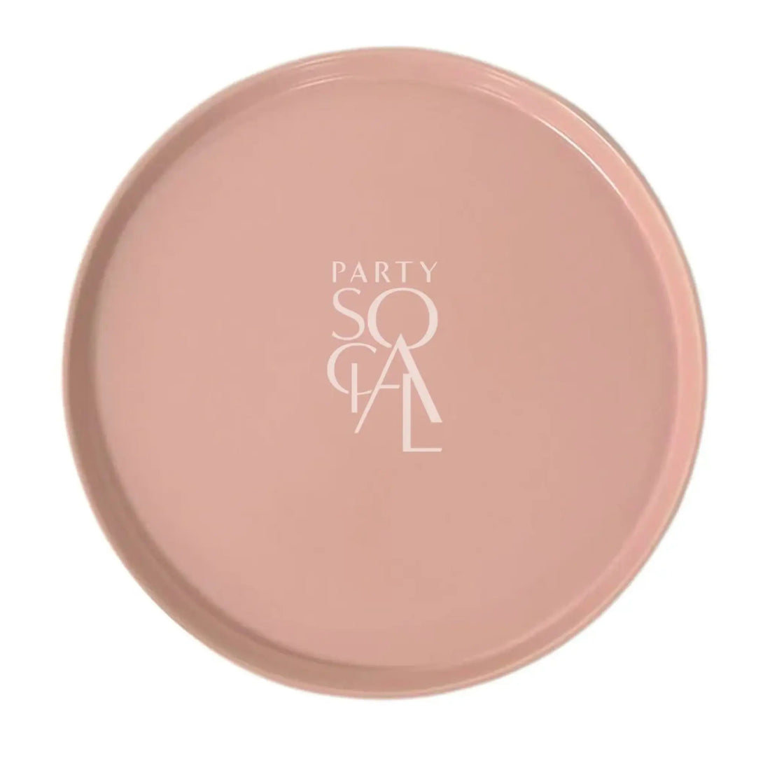 CERAMIC CHARGER PLATES - PINK: A pastel-pink serving tray with PARTY SOCIAL printed in white, featuring a refined design to elevate any dining setting.