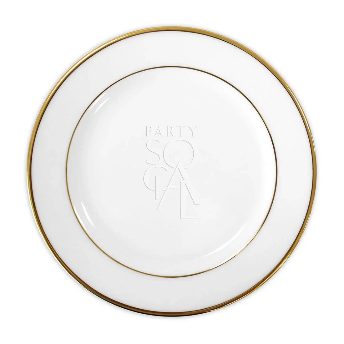 MODERN CHINA W/ GOLD RIM PLATE: Glossy white porcelain charger plate with thin gold-metallic rim and PARTY SOCIAL embossing, ideal for premium events, 30cm diameter.