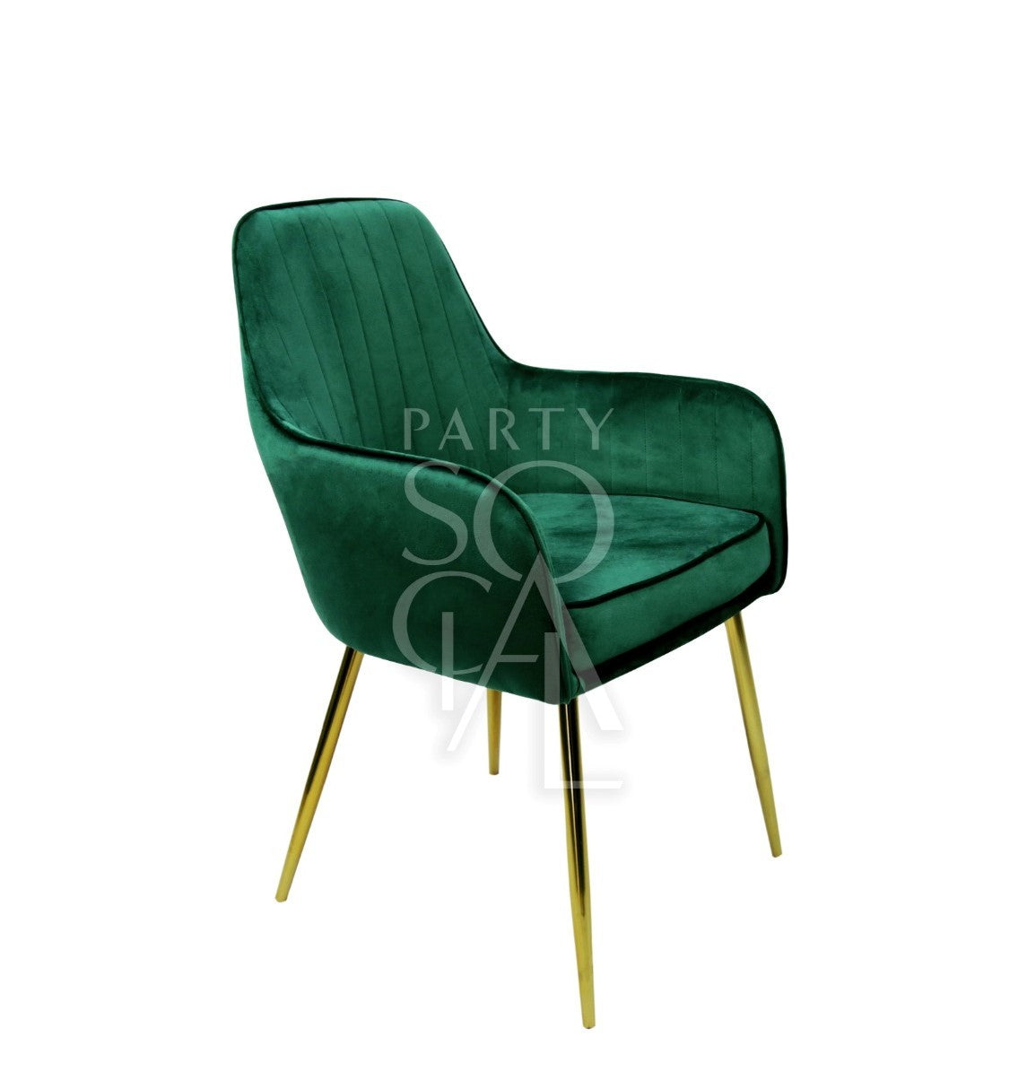 VELVET CHAIR ROYAL GREEN with gold legs, ideal for weddings and corporate events, available from Party Social.