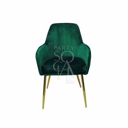 VELVET CHAIR ROYAL GREEN with gold legs, featuring modern velvet fabric, ideal for weddings or corporate events from Party Social.