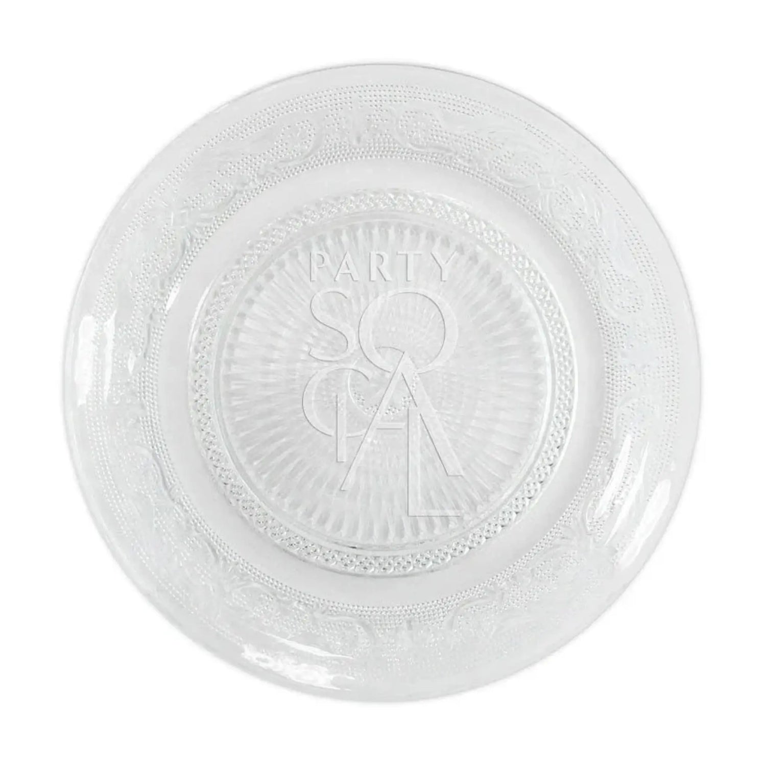 Vintage Clear Glass Plate with ornate embossed border and sunburst pattern, featuring PARTY SOCIAL text. Ideal for elegant table settings at special occasions.
