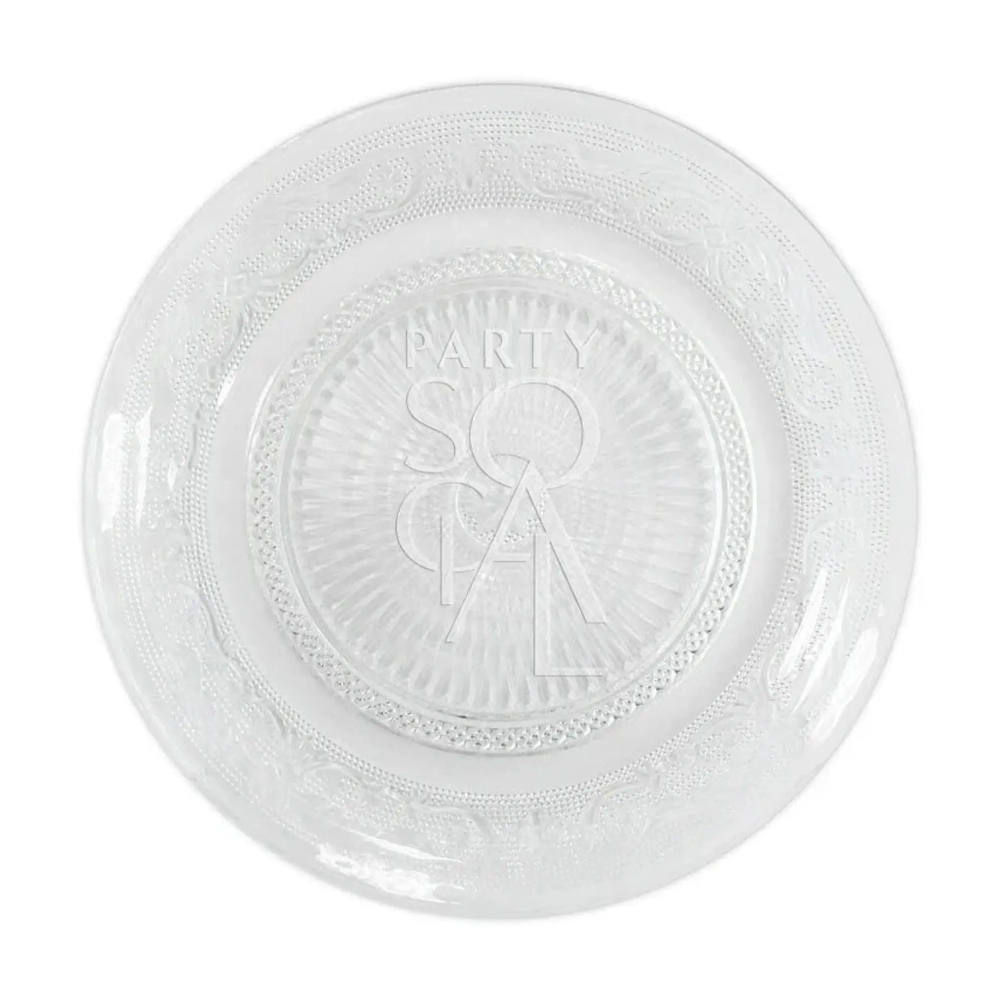 Vintage Clear Glass Plate with ornate embossed border and sunburst pattern, featuring PARTY SOCIAL text. Ideal for elegant table settings at special occasions.