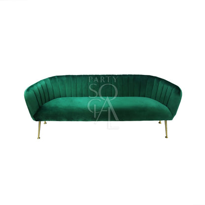 ROYAL GREEN VELVET 3-SEATER with gold-finish legs, perfect for elegant lounge seating, available through Party Social&