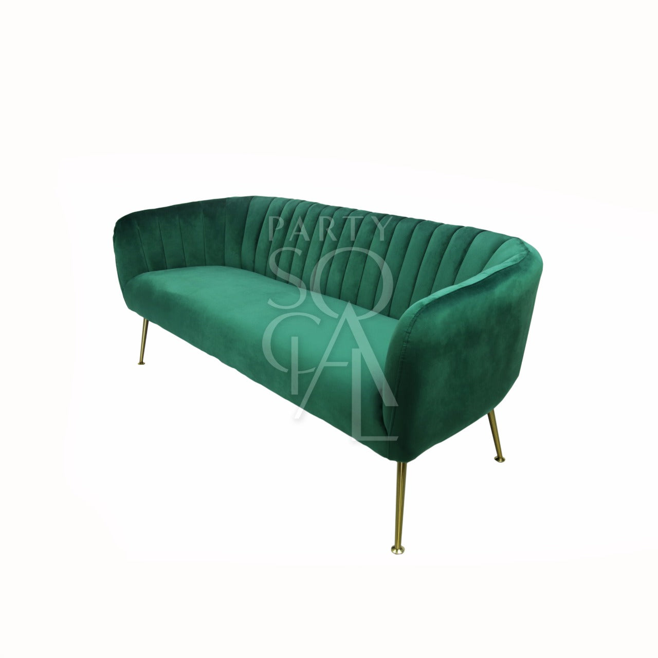 ROYAL GREEN VELVET 3-SEATER with gold-finish legs, ideal for elegant lounge seating. Perfect for enhancing party or event spaces with modern style.