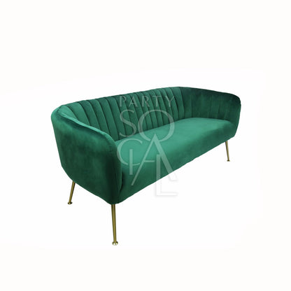 ROYAL GREEN VELVET 3-SEATER, featuring velvet upholstery and gold-finish legs, ideal for elegant lounge seating at parties or events.