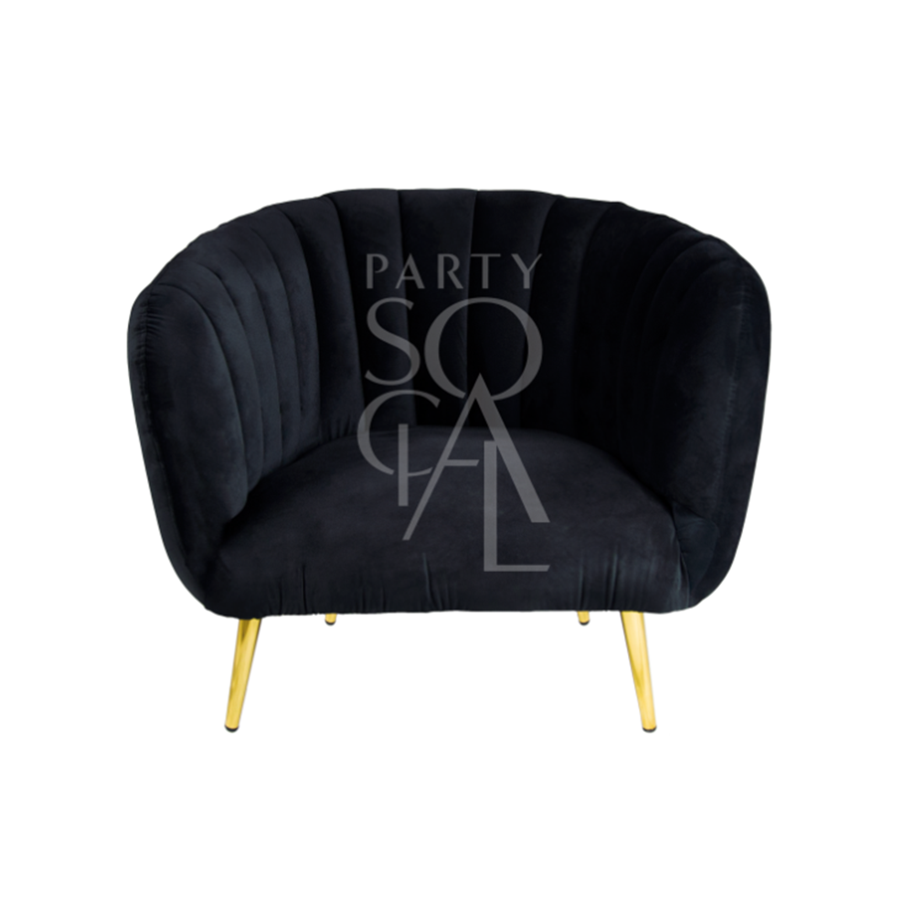 BLACK VELVET SINGLE SEATER with gold legs, featuring modern velvet fabric, ideal for lounge seating. Perfect for events by Party Social.