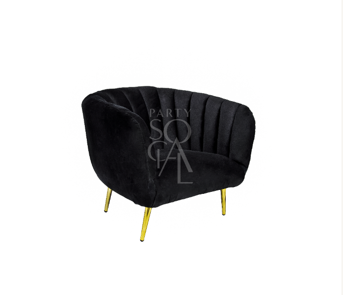 BLACK VELVET SINGLE SEATER with gold-finish legs, modern velvet chair ideal for lounge seating, available from Party Social&