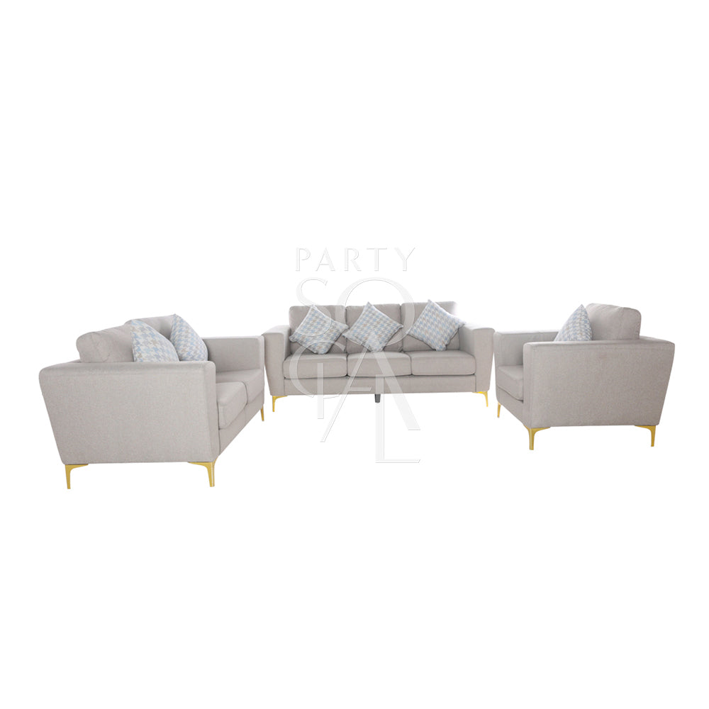 SAND FABRIC SOFA 2-SEATER: Modern lounge sofa with plush pillows, ideal for event seating, featuring dark sand fabric and spacious design.