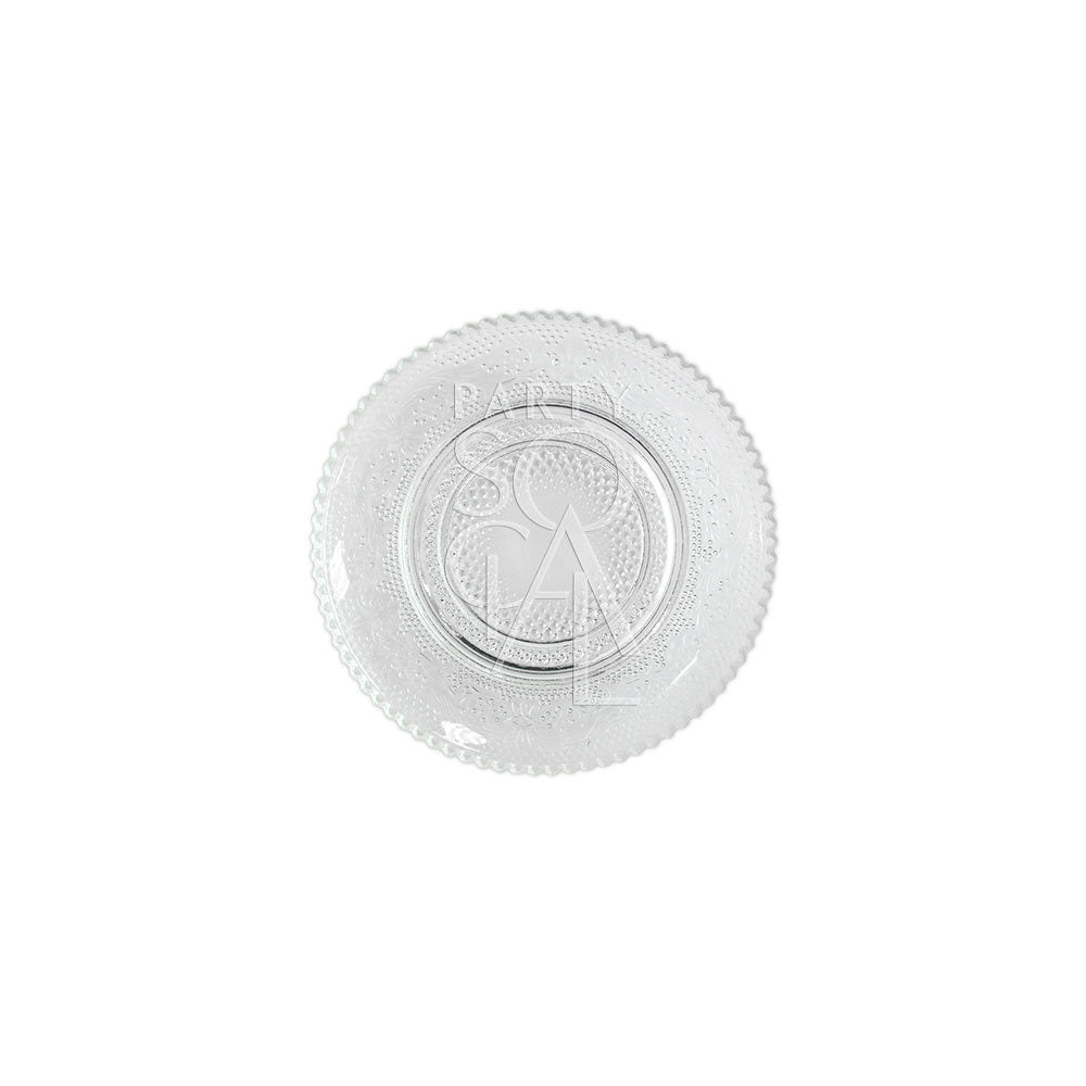 Vintage clear glass plate with scalloped edge, featuring an etched design, ideal for elegant table settings at events. Available in various sizes for different occasions.