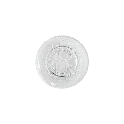 Vintage clear glass plate with scalloped edge, featuring an etched design, ideal for elegant table settings at events. Available in various sizes for different occasions.