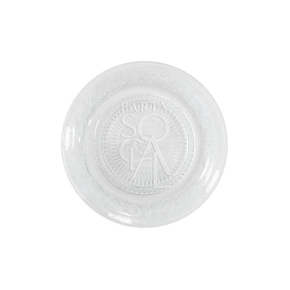 Vintage clear glass plate with etched design, suitable for elegant table settings. Perfect for parties and events, available in various sizes from Party Social.