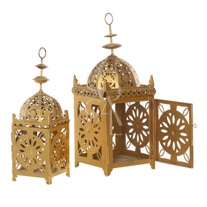 VINTAGE ARABIC LANTERN GOLD with a dome top, ideal for weddings or home decor, available in two sizes from Party Social.