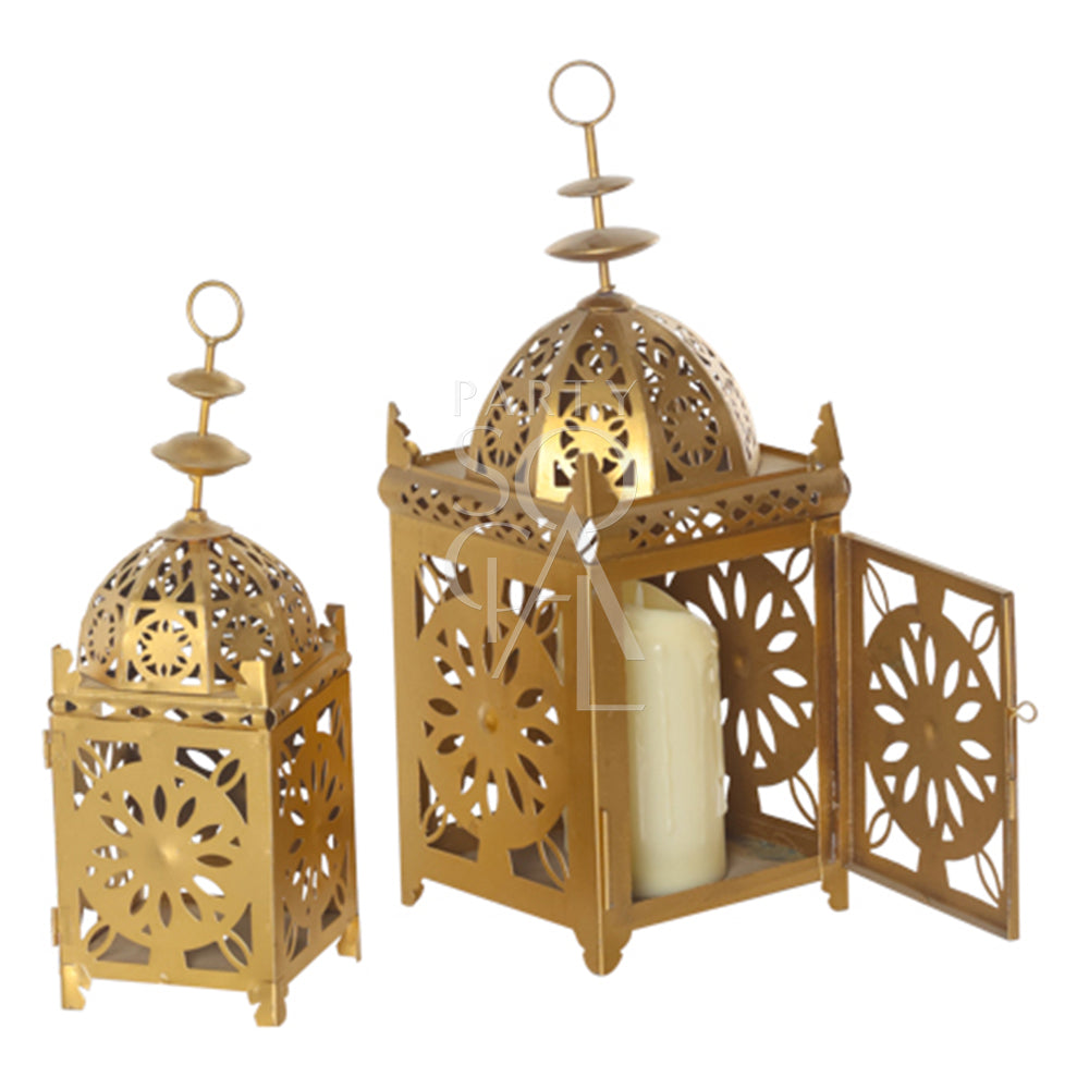 VINTAGE ARABIC LANTERN GOLD featuring a candle and cross design, ideal for weddings or home decor. Available in two sizes from Party Social.