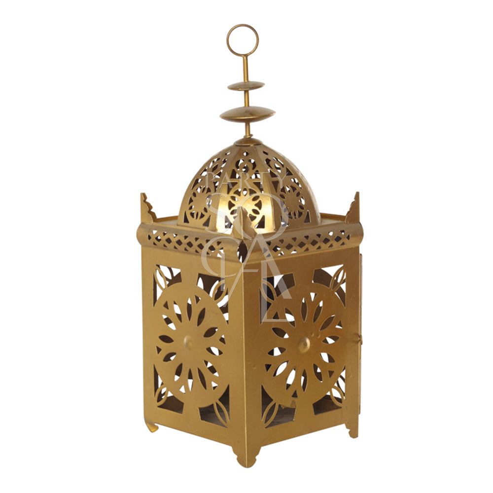 VINTAGE ARABIC LANTERN GOLD with a round top, ideal for weddings or home decor. Available in two sizes for versatile event styling.