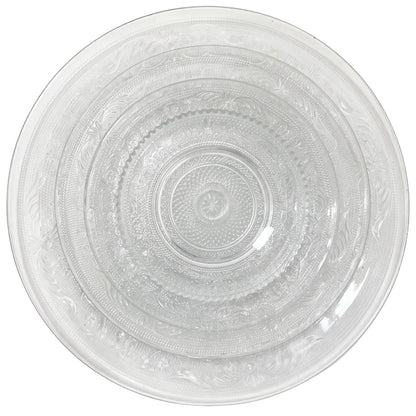Vintage Clear Collection featuring nested etched glass plates in three sizes, ideal for elegant table settings at parties or events.