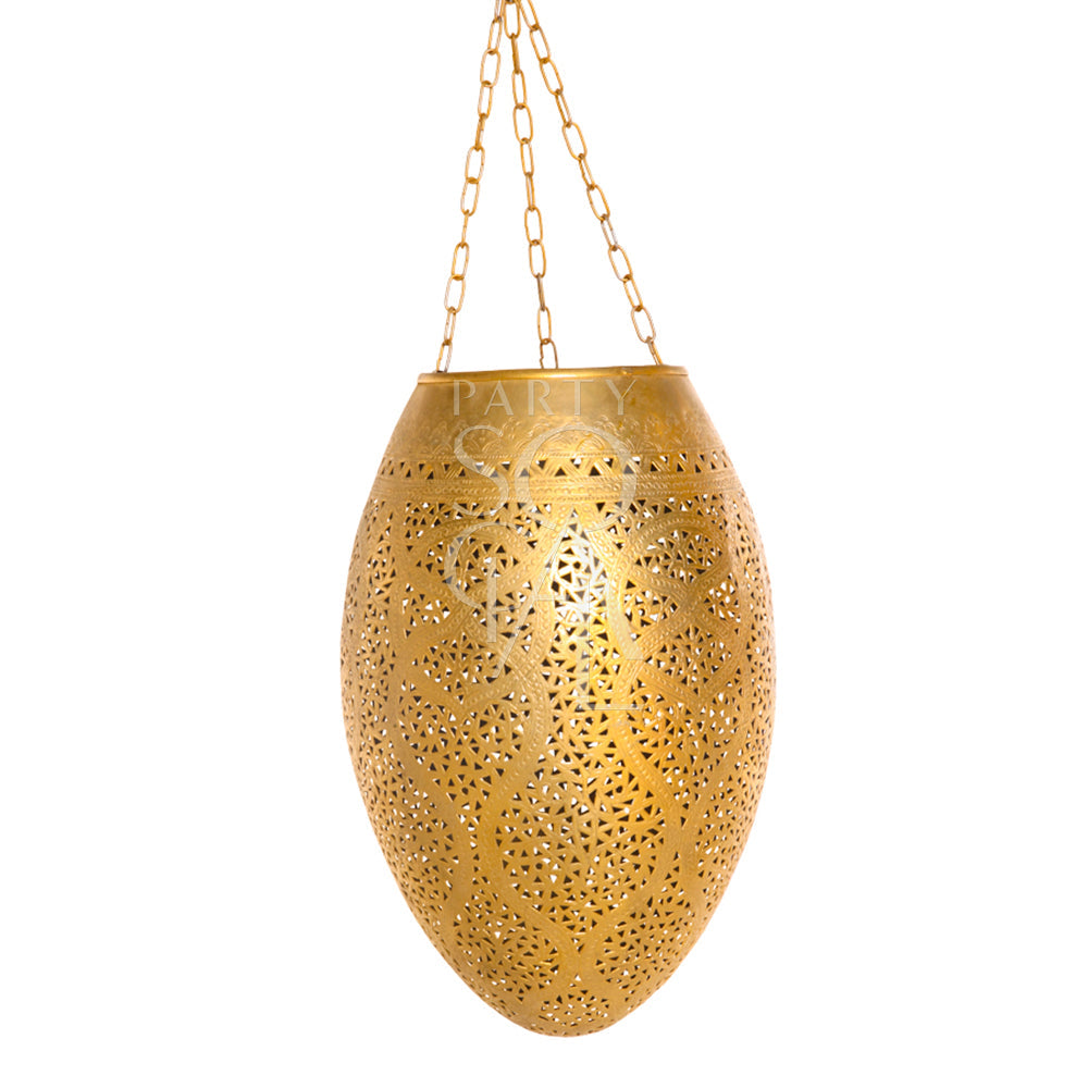 Vintage Hanging Pendant with a gold finish, featuring a decorative chain, ideal for event decor. Available in multiple sizes; candles not included.