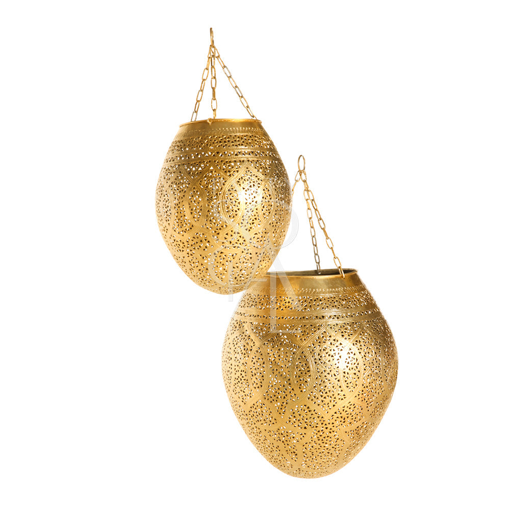 Vintage Hanging Pendant, showcasing intricately designed gold lanterns in various sizes, ideal for enhancing event decor. Candles not included.