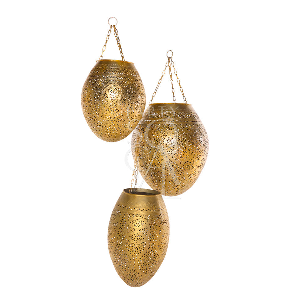 Vintage Hanging Pendant: A collection of intricately designed gold lanterns, featuring varied sizes, perfect for enhancing event decor. Candles not included.