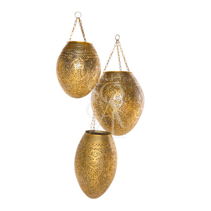 Vintage Hanging Pendant: A collection of intricately designed gold lanterns, featuring varied sizes, perfect for enhancing event decor. Candles not included.