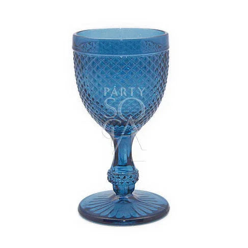 Navy Blue Vintage Diamond Goblet with quilted texture, ornate stem, and circular base, ideal for enhancing formal or rustic table settings at events.