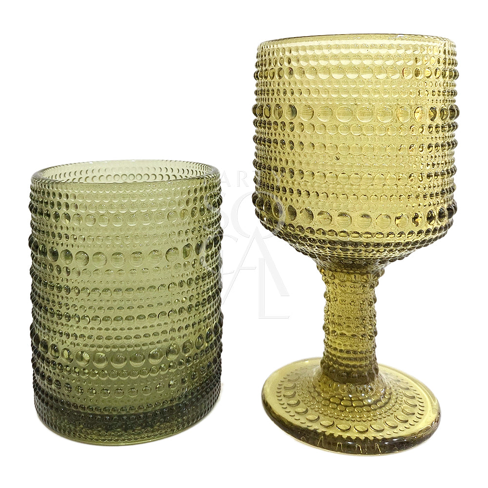 Olive Green Vintage Pearl Tumbler alongside matching goblet, showcasing hobnail texture and elegant design for upscale events and styled shoots.