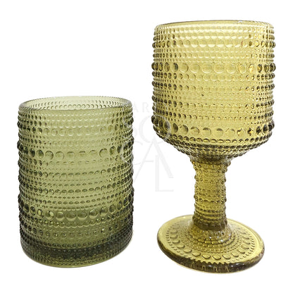Olive Green Vintage Pearl Tumbler alongside matching goblet, showcasing hobnail texture and elegant design for upscale events and styled shoots.